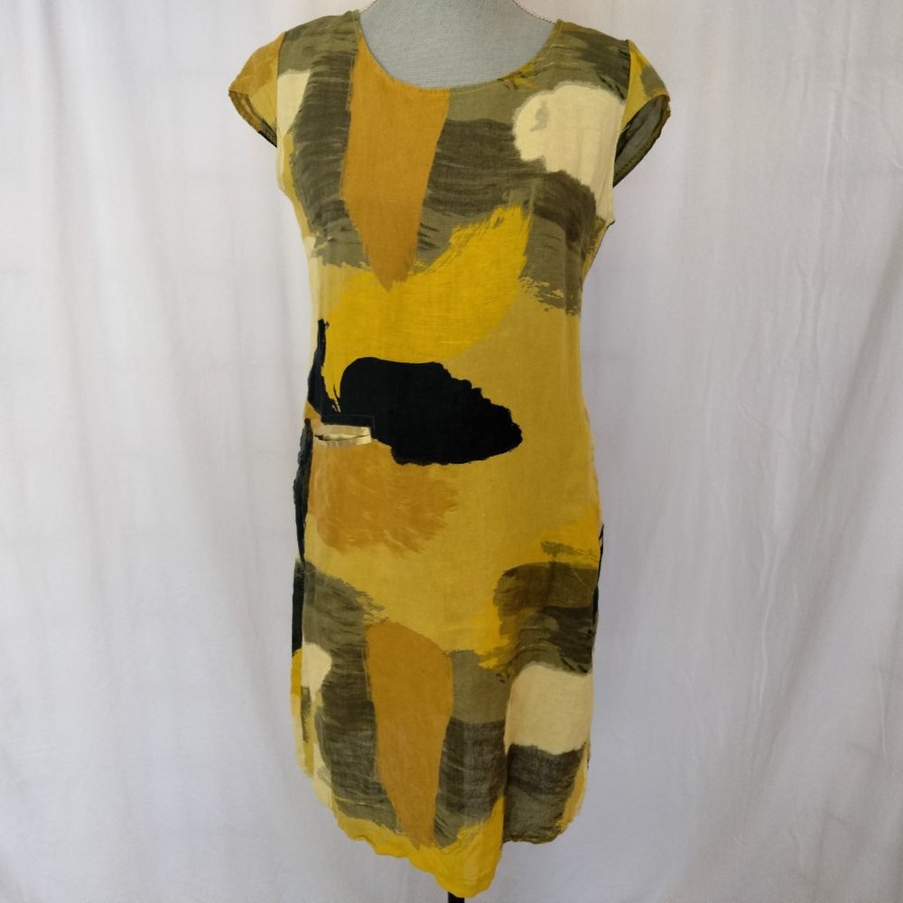 Linen Summer Dress Terzo Millennio Italy Women Blue Yellow Medium.